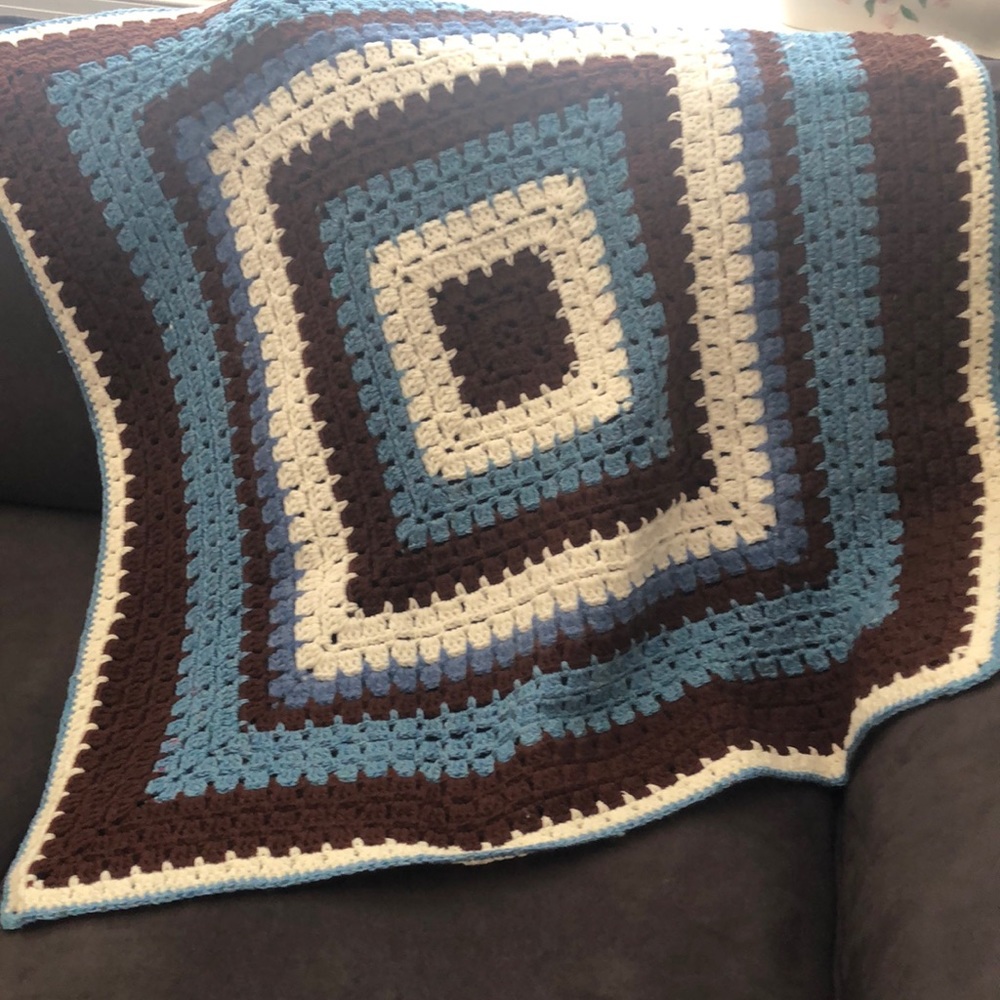 Crochet Baby Blanket Brown, White & Blue